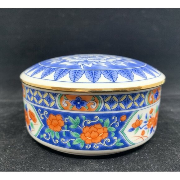 Tiffany & Co Porcelain Trinket Box Imari Style Blue Floral Lid 3.75" Round - Picture 5 of 7